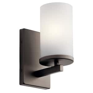 Crosby 1-Light Olde Bronze Bathroom Indoor Wall Sconce Light with Satin Etched Cased Opal Glass Shade