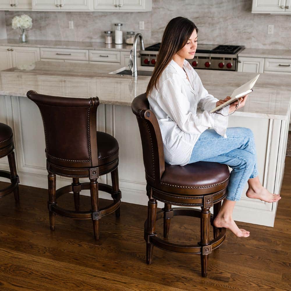Dark Walnut Swivel Counter Stool with Brown Vegan Leather Upholstery