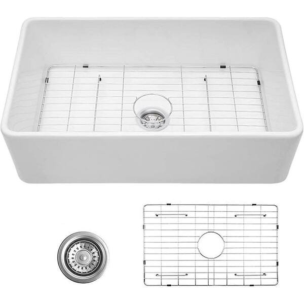 33 in. Farmhouse Apron Single Bowl White Ceramic Workstation Kitchen Sink with with Grid and Strainer