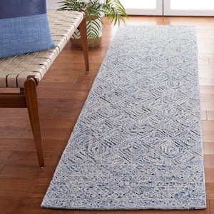 Textual Blue/Ivory 2 ft. x 9 ft. Abstract Border Runner Rug