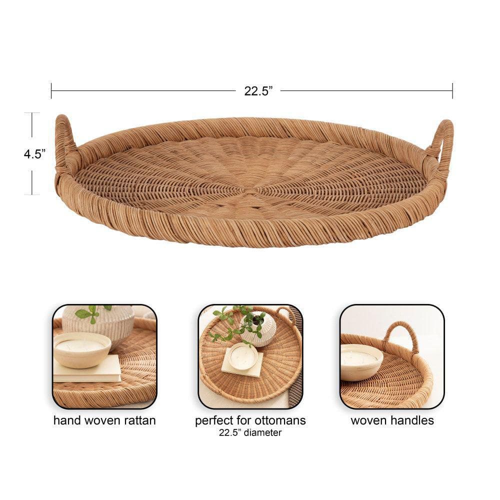 Natural Woven Rattan Round Tray with Handles, 23 Inch