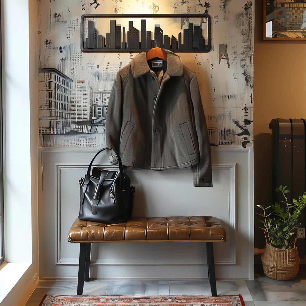 Black Fir Wood Urban Wall-Mounted Coat Rack with 4 Hooks