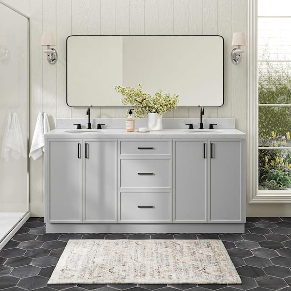 ARIEL Kelly 72 in. Double Sink Freestanding Bathroom Vanity in Gray with Carrara White Quartz Top