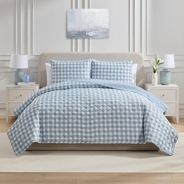 Blue Gingham 3-Piece Full/Queen Microfiber Quilt Set