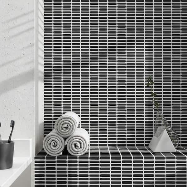 Nova Black 11.88 in. x 0.23 in. Mini Brick Frosted Glass Mosaic Floor and Wall Tile (0.96 sq. ft./ Each)