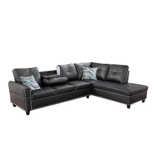 103.50 in. W Round Arm 2-piece Faux Leather L Shaped Modern Right Facing Sectional Sofa Set in Black w/Drop Down Table