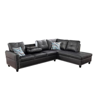 Round Arm 2 Piece Faux Leather, Modern Black Faux Leather Sectional