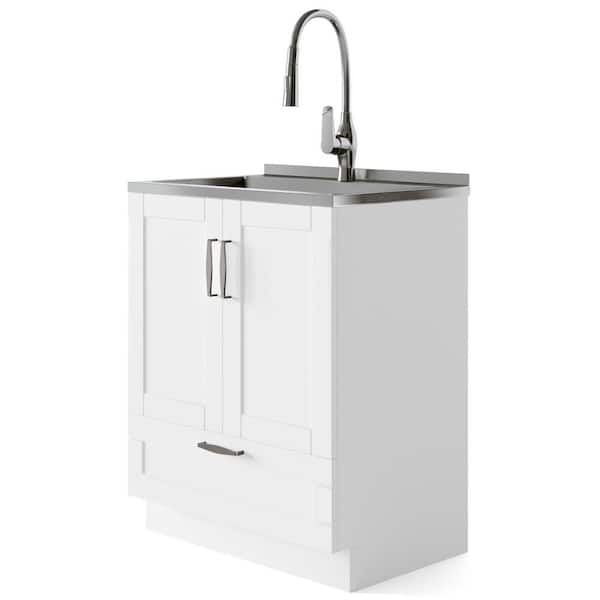 Simpli Home Reed Deluxe 28 inch Laundry Cabinet with Pull-Out Faucet and Stainless Steel Sink, Pure White