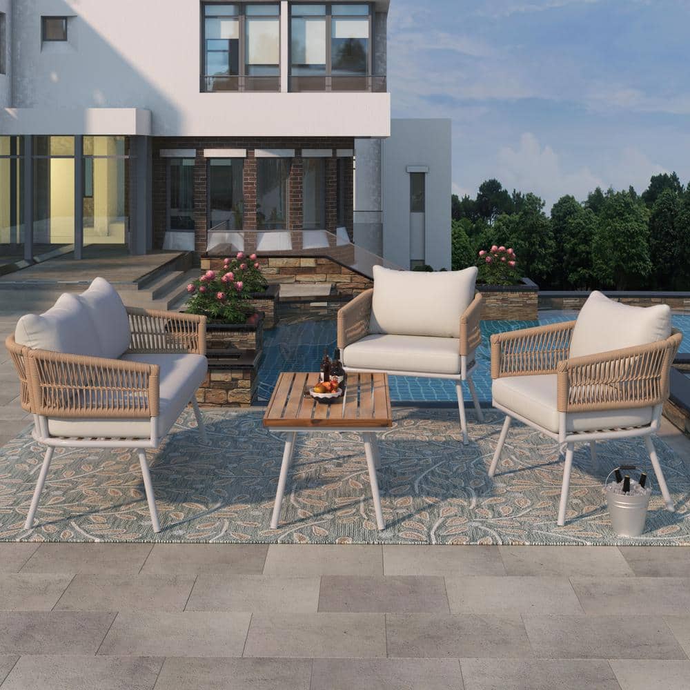 4-Piece Wicker Outdoor Patio Conversation Set with Beige Cushions and Acaci