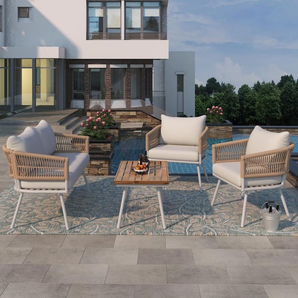 Unbranded 4-Piece Wicker Outdoor Patio Conversation Set with Beige Cushions and Acacia Wood Coffee Table