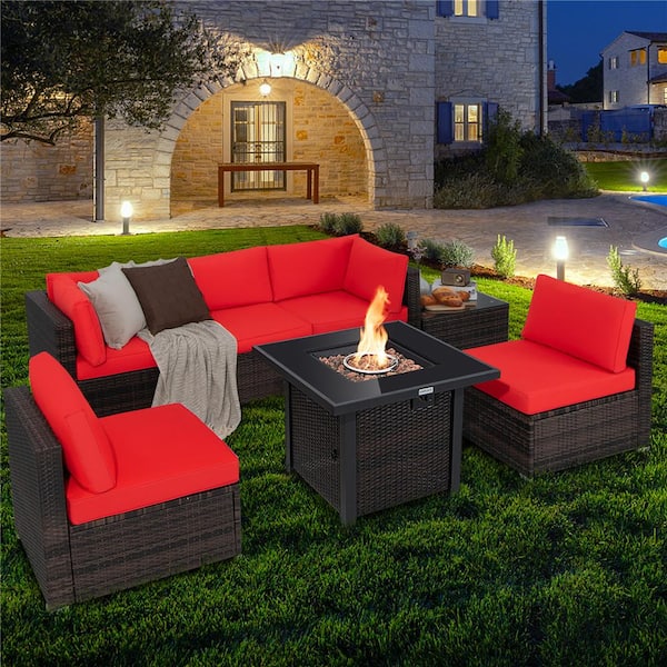 7-Piece Plastic Wicker Patio Conversation Set with Red Cushion Fire Pit Table Cover Glass Top
