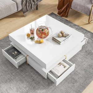 Modern High Gloss 31.5 in. White Square Particle Board Coffee Table, Center Table with 4-Drawer, Golden Wood Grain Legs