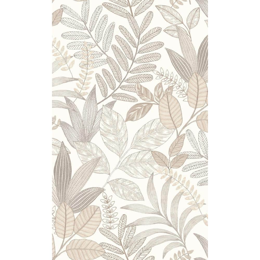 White and Beige Minimalist Leaves Tropical Wallpaper, Double Roll