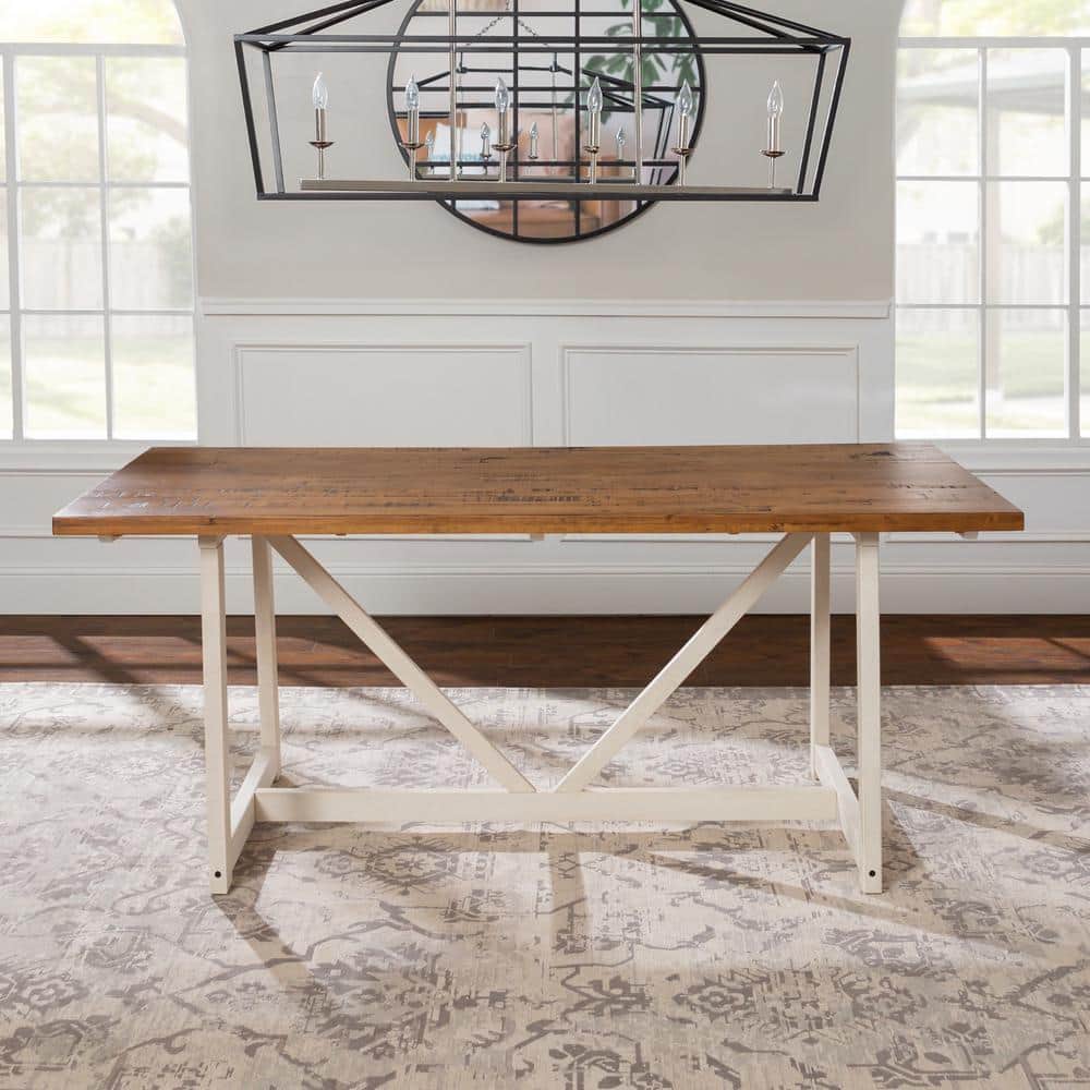 72" Rustic Oak and White Solid Wood Trestle Dining Table