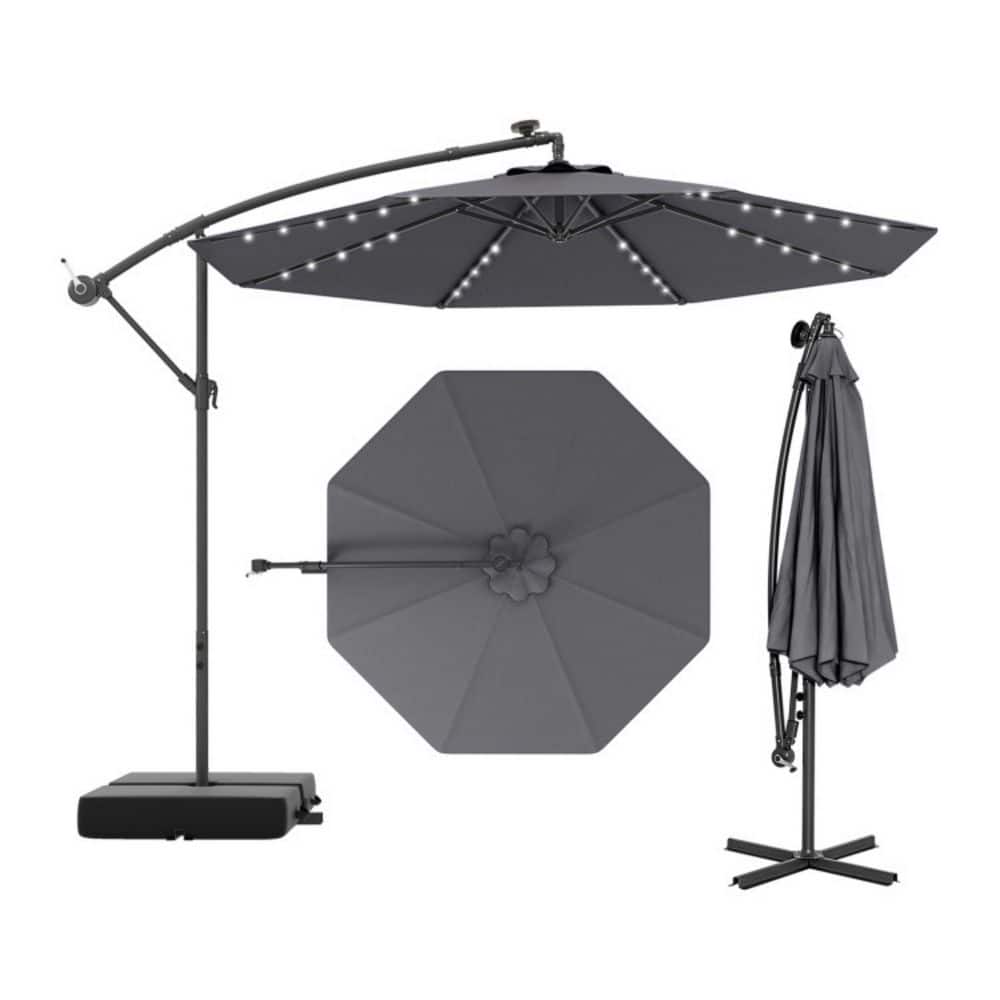 10 ft. LED Light Patio Cantilever Umbrella in Gray Outdoor Solar Tilt Umbrella with Crossed Stand and Sand Bags price history on PriceWatchPro