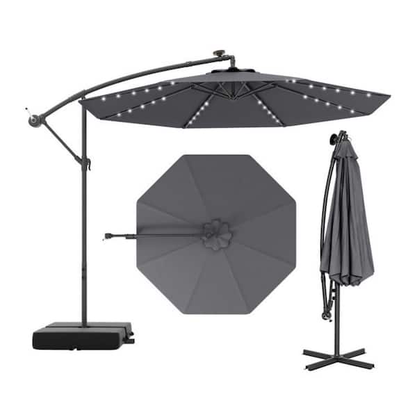 WELLFOR 10 ft. LED Light Patio Cantilever Umbrella in Gray Outdoor Solar Tilt Umbrella with Crossed Stand and Sand Bags