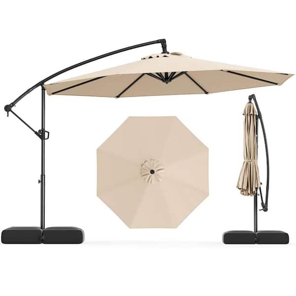 10 ft. Metal Tilt Cantilever Patio Umbrella Offset Hanging Umbrella with Base 360° Rotation in Beige
