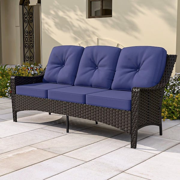 Brown Rattan Wicker 3-Seat Outdoor Patio Sofa Sectional Couch with Blue Cushions