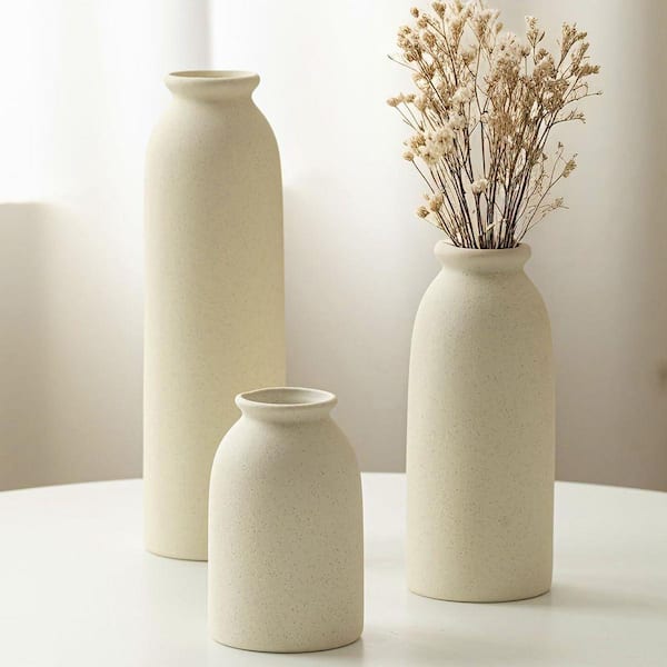 10.5 in. Beige Round Tall Decorative Ceramic Vase Set of 3, Nordic Modern Boho Style LSWYXK7
