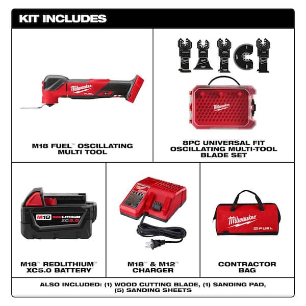 M18 FUEL 18V Brushless Oscillating Multi-Tool Kit w/ 5. 0Ah Battery, Charger, Bag with 8-Pc OMT Blade Kit