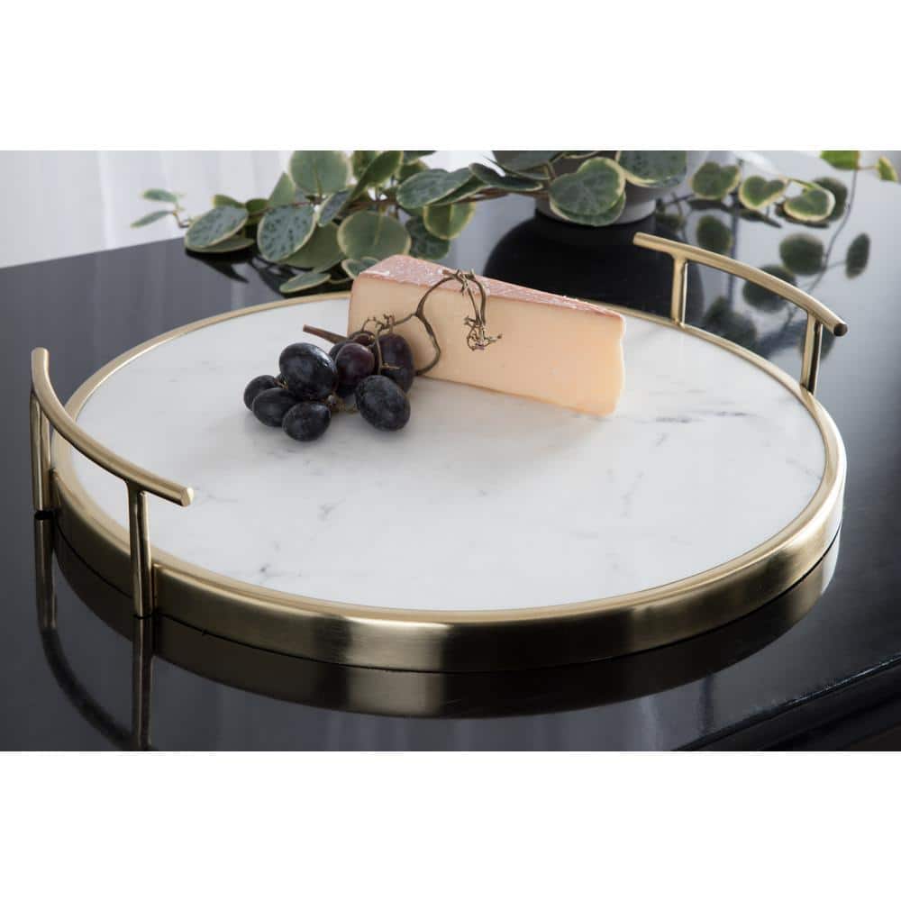 White Marble and Gold Round Metal Tray with Handles