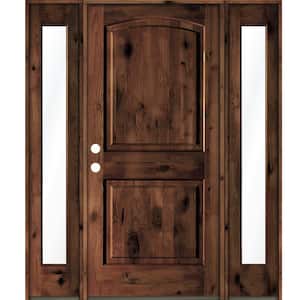 64 in. x 80 in. Rustic Knotty Alder Arch Top Red Mahogany Stained Wood Left Hand Single Prehung Front Door