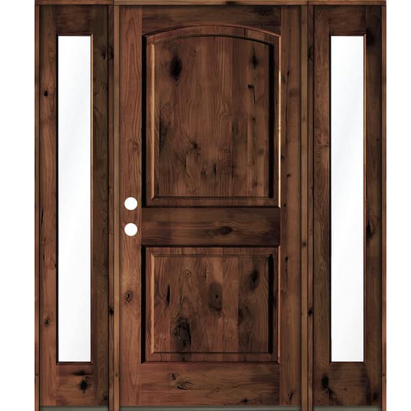 Krosswood Doors 70 in. x 80 in. Rustic Knotty Alder Arch Top Red Mahogany Stained Wood Left Hand Single Prehung Front Door