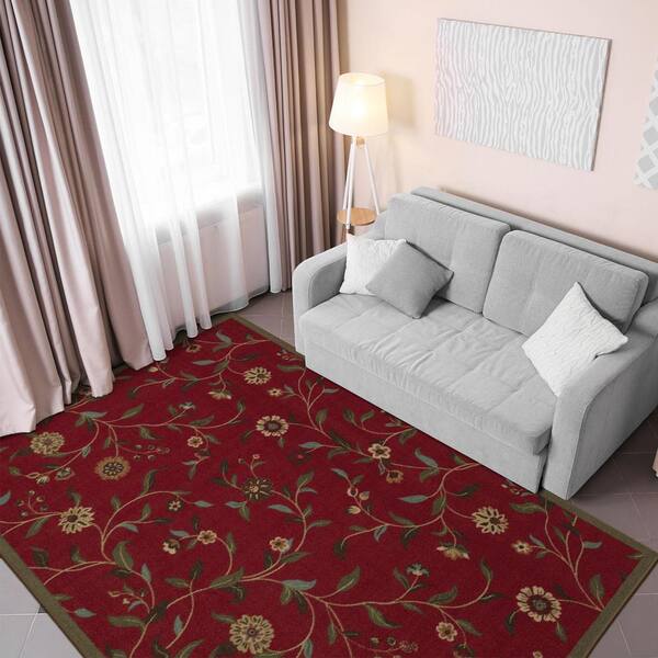Ottomanson Ottohome Collection Non-Slip Rubberback Floral Leaves 5x7 Indoor Area Rug, 5 ft. x 6 ft. 6 in., Dark Red