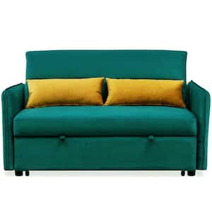 57 in. Green Velvet Full Size Sofa Bed with Adjustable Backrest and Side Pocket