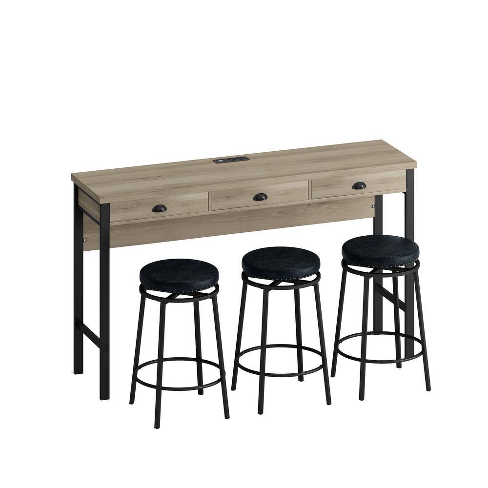 4-Piece Long Brown Brown Dining Table Set with 3 Drawers, Power Outlets and
