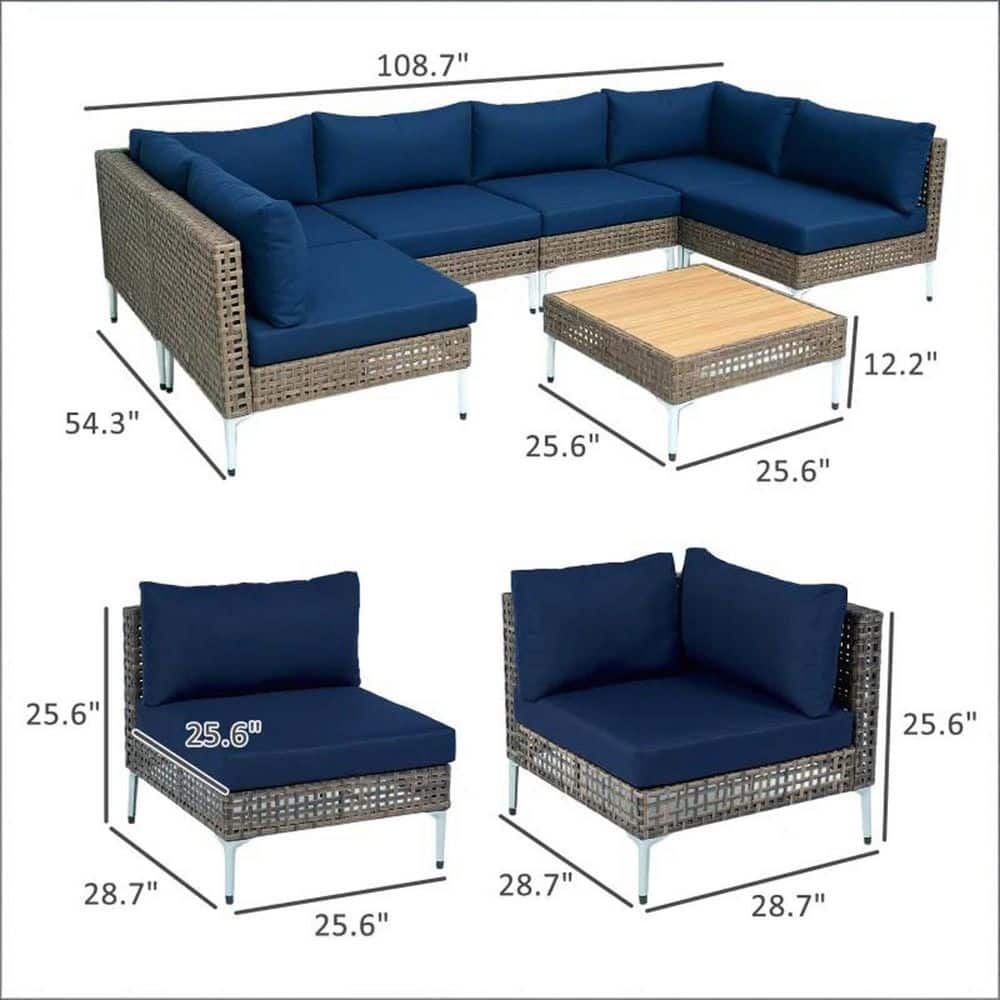 Dimensional view of the 7-piece modular outdoor furniture set.