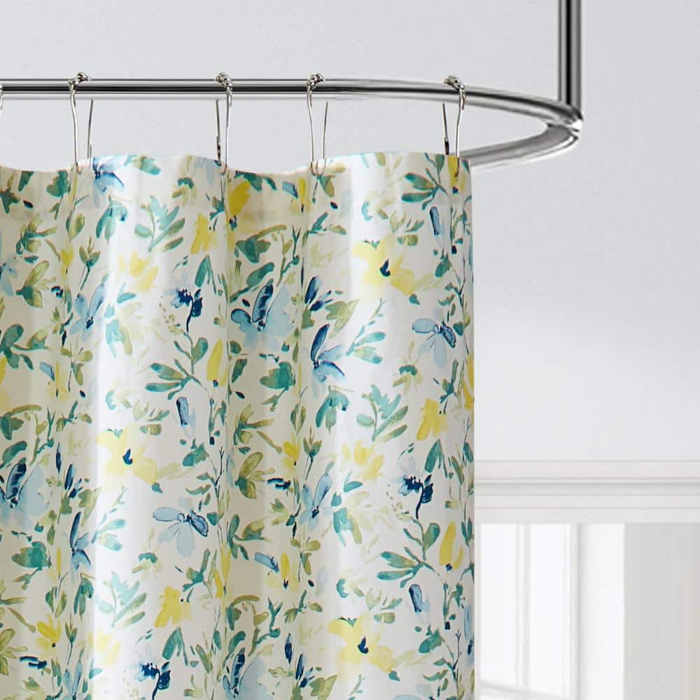 Nora Blue Floral Cotton Shower Curtain with Liner