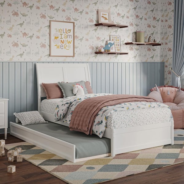 AFI Andorra White Solid Wood Frame Twin Platform Bed with Panel Footboard and Twin Trundle