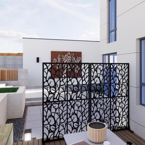 Unbranded 6 ft. H x 3.8 ft. W Black Iron Bird Shape Metal Freestanding Decorative Privacy Screen for Deck Balcony Patio