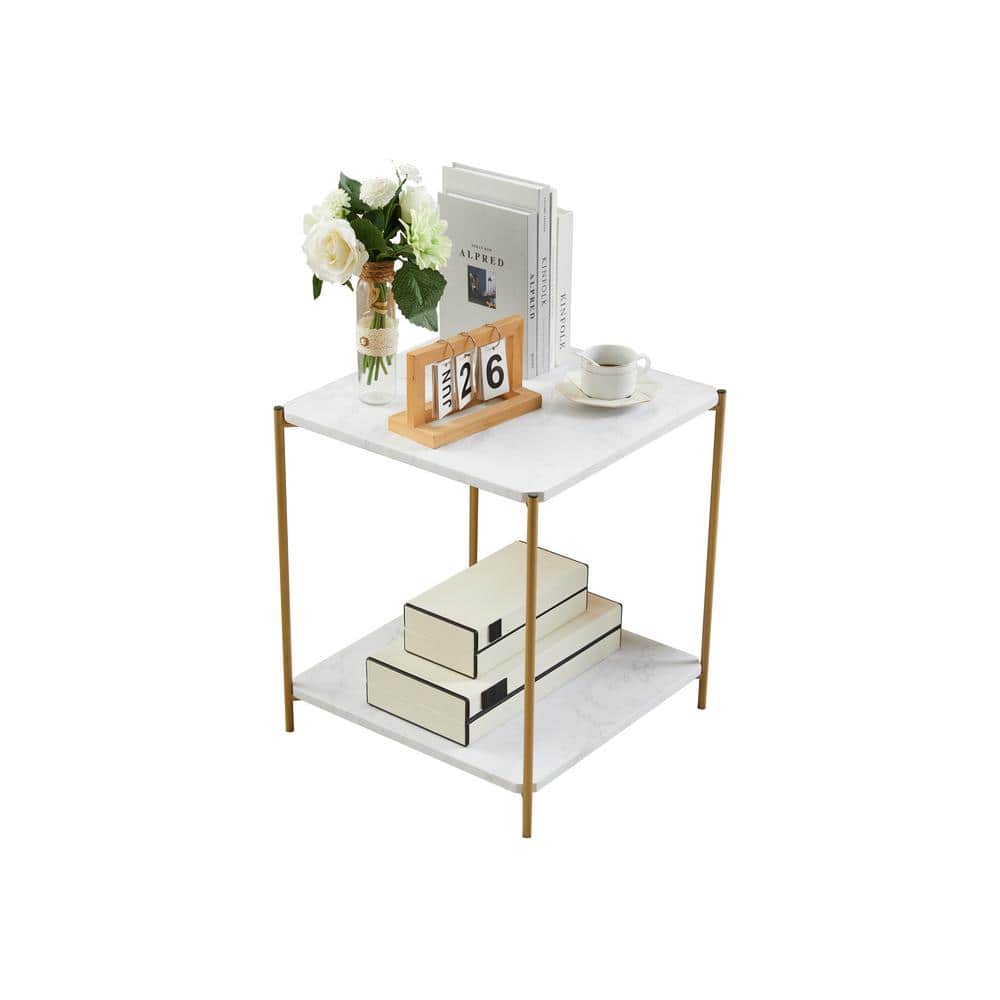 Gold and White Faux Marble Square End Table with Shelf