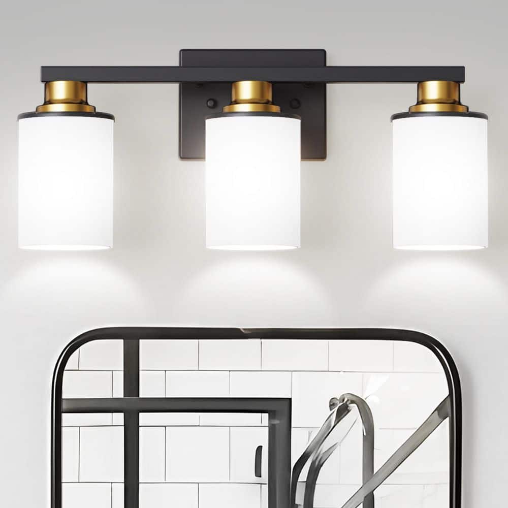 20 in. 3-Light Matte Black and Gold Vanity Light with White Glass Shades and No Bulbs Included price history on PriceWatchPro