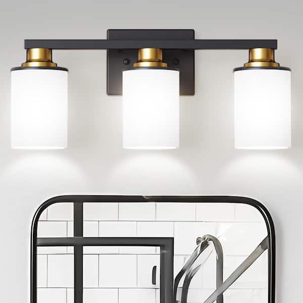 20 in. 3-Light Matte Black and Gold Vanity Light with White Glass Shades for Bathroom Mirror or Dressing