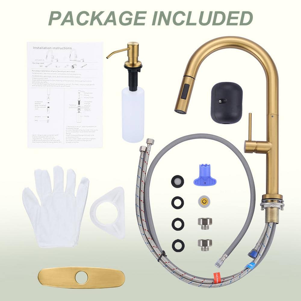 Brushed Gold Stainless Steel Pull Down Kitchen Faucet with Soap Dispenser