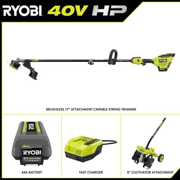 40V HP Brushless Whisper Series 17" Cordless Attachment Capable String Trimmer and Tiller with 4 Ah Battery, & Charger