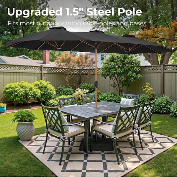 fade resistant black patio umbrella EliteShade USA 10-Year-Non-Fading 9ft 3-Tier Market Umbrella, Commercial Grade Outdoor Table with Crank Open, Windproof & UPF 50+ UV Protection, Heavy Duty Ventilation for Garden, Deck, Pool, Backyard Outdoor Cantilever Umbrella and 1 * Cross Stand. Sunvilla 10' Round Solar LED