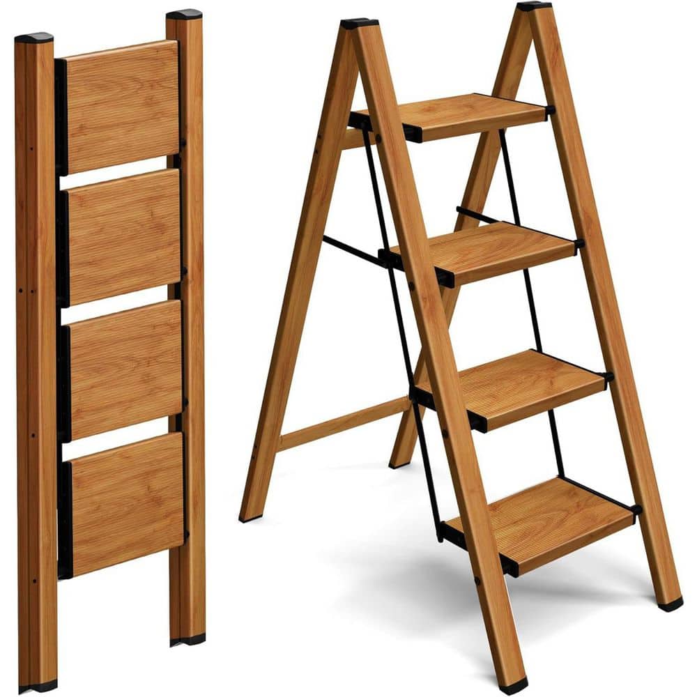 4-Step Aluminum Lightweight Folding Library Ladder with Anti-Slip Wide Peda