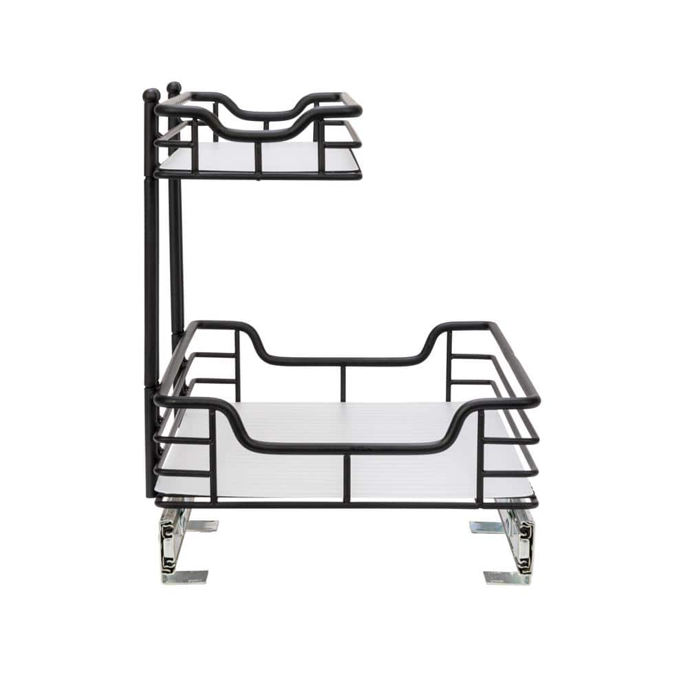 Black Steel 2-Tier Under Sink Storage Organizer with Plastic Liners