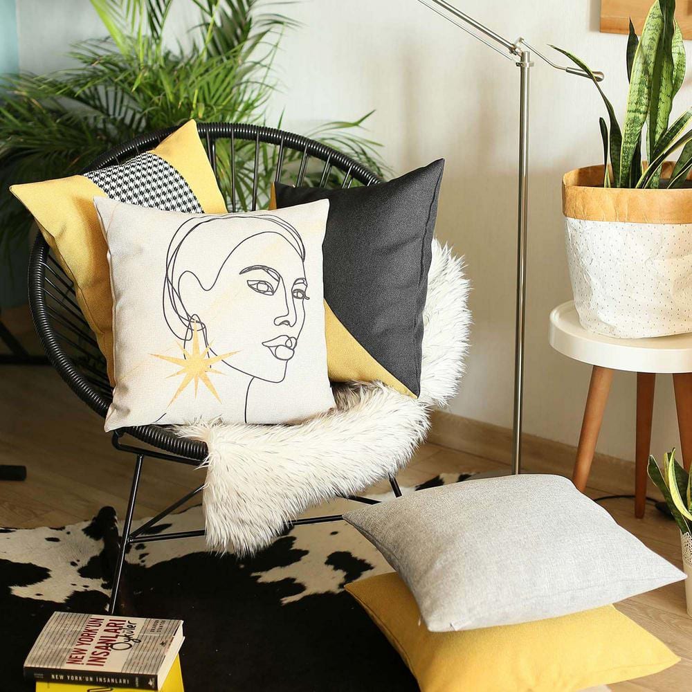 Yellow and Black Houndstooth Jacquard 18" Square Pillow Covers Set