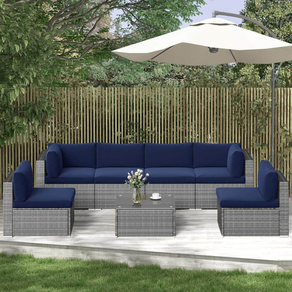 SUNVIVI Outdoor Gray Frame 7-Piece Wicker Outdoor Sectional Set with ...