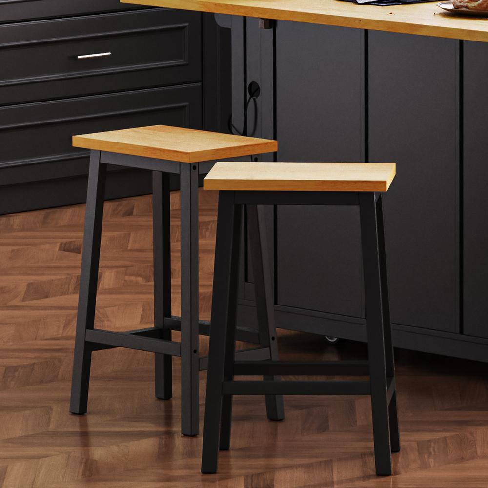 25.6 in. Black Wood Backless Counter Stools with Footrests, Set of 2