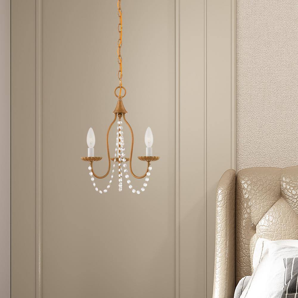 Antique Gold Leaf Mini Crystal Chandelier with 3 Lights