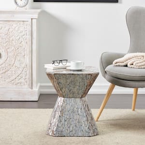 16 in. Gray Hourglass Geometric Medium Square Shell End Table with Linear Mosaic Pattern