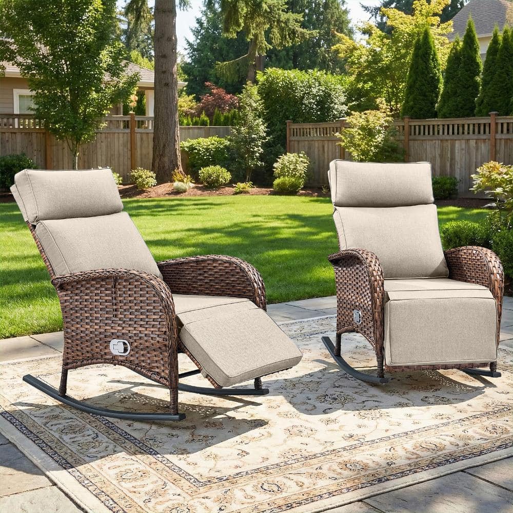 Rotavia 2-Piece Wicker Outdoor Rocking Chair Patio Recliner with Beige Cushions, Adjustable Backrest and Footrest price history on PriceWatchPro