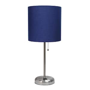 19.5 in. Brushed Steel/Navy Contemporary Bedside Power Outlet Base Standard Metal Table Desk Lamp