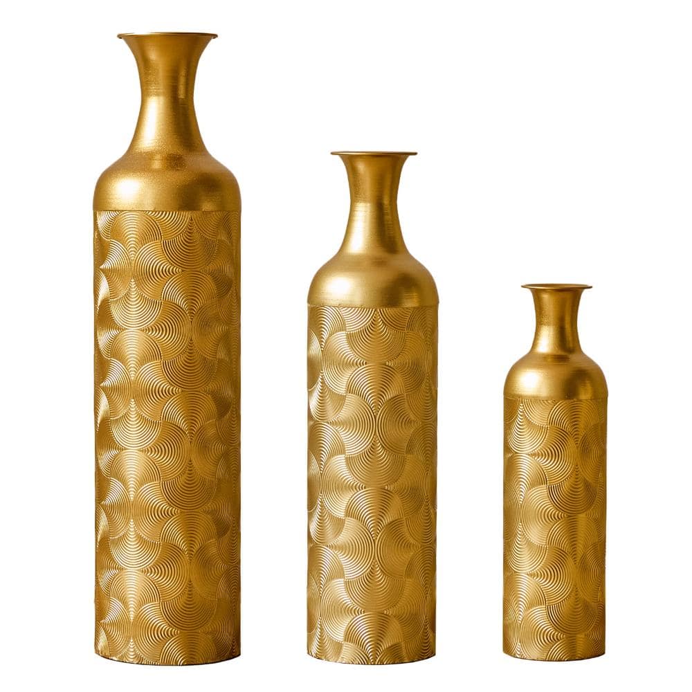 33 in. Gold Large Glazed Metal Cylinder Floor Embossed Nested Decorative Vase 3-PC, for Living Dining Room Bedroom CCWP464208